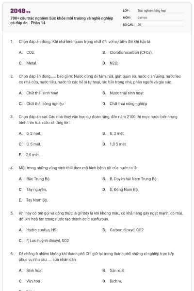 700+ câu trắc nghiệm Sức khỏe môi trường và nghề nghiệp có đáp án - Phần 14