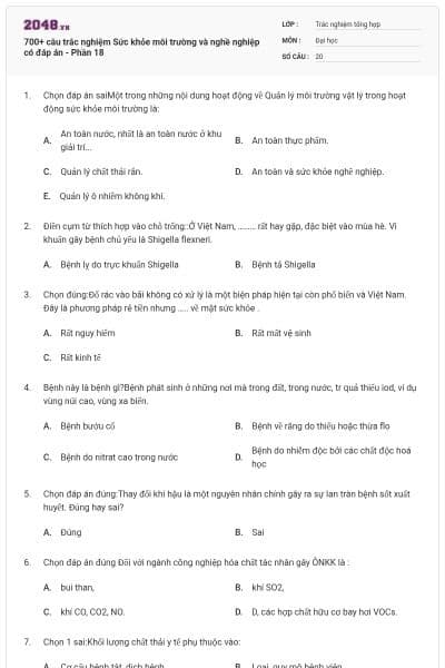 700+ câu trắc nghiệm Sức khỏe môi trường và nghề nghiệp có đáp án - Phần 18