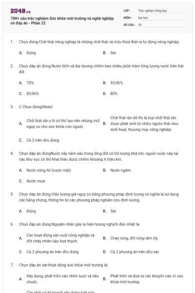 700+ câu trắc nghiệm Sức khỏe môi trường và nghề nghiệp có đáp án - Phần 22