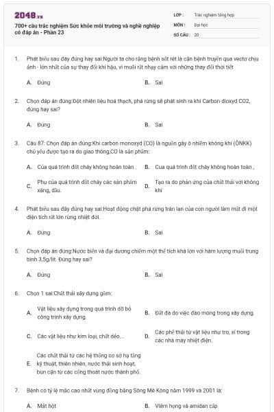 700+ câu trắc nghiệm Sức khỏe môi trường và nghề nghiệp có đáp án - Phần 23