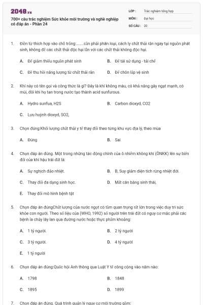 700+ câu trắc nghiệm Sức khỏe môi trường và nghề nghiệp có đáp án - Phần 24