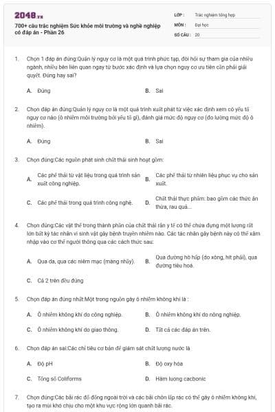 700+ câu trắc nghiệm Sức khỏe môi trường và nghề nghiệp có đáp án - Phần 26