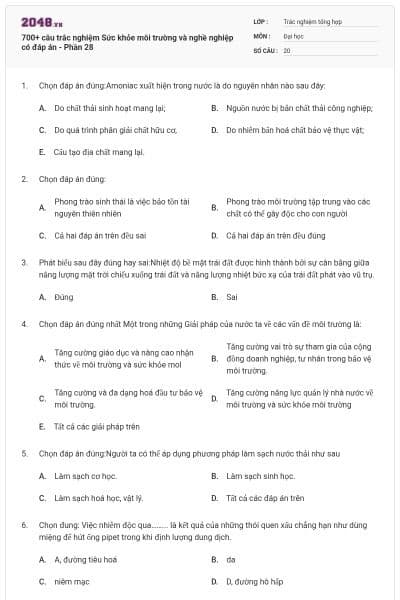 700+ câu trắc nghiệm Sức khỏe môi trường và nghề nghiệp có đáp án - Phần 28