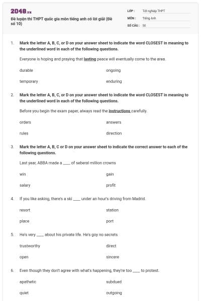 Đề luyện thi THPT quốc gia môn tiếng anh có lời giải (Đề số 10)