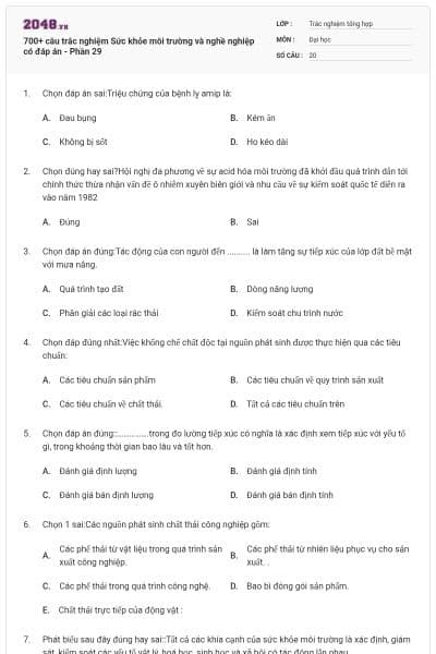 700+ câu trắc nghiệm Sức khỏe môi trường và nghề nghiệp có đáp án - Phần 29
