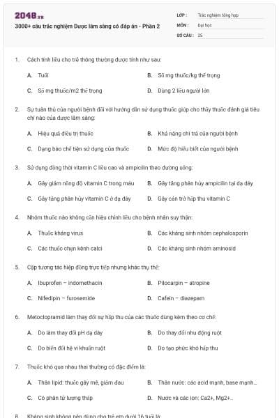 3000+ câu trắc nghiệm Dược lâm sàng có đáp án - Phần 2