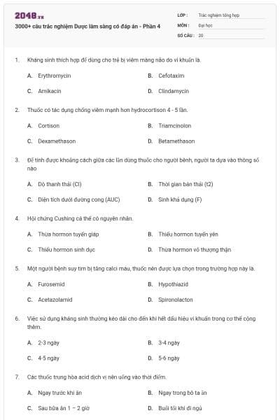 3000+ câu trắc nghiệm Dược lâm sàng có đáp án - Phần 4