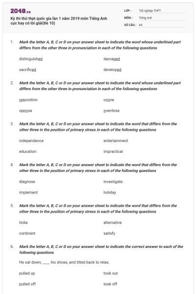 Kỳ thi thử thpt quốc gia lần 1 năm 2019 môn Tiếng Anh cực hay có lời giải(Đề 10)