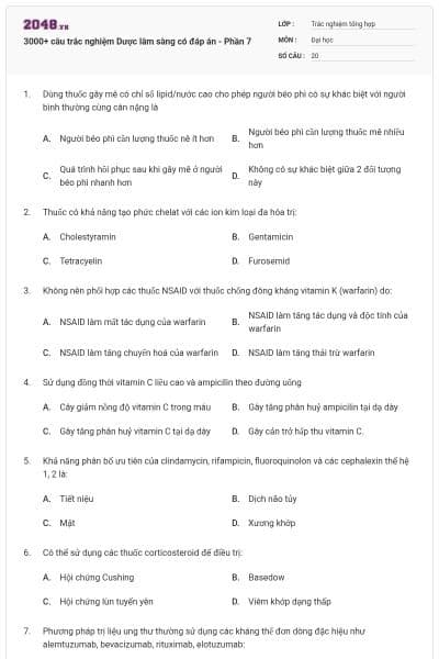 3000+ câu trắc nghiệm Dược lâm sàng có đáp án - Phần 7