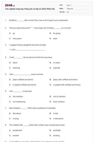 Trắc nghiệm tổng hợp Tiếng anh có đáp án 2023 (Phần 56)