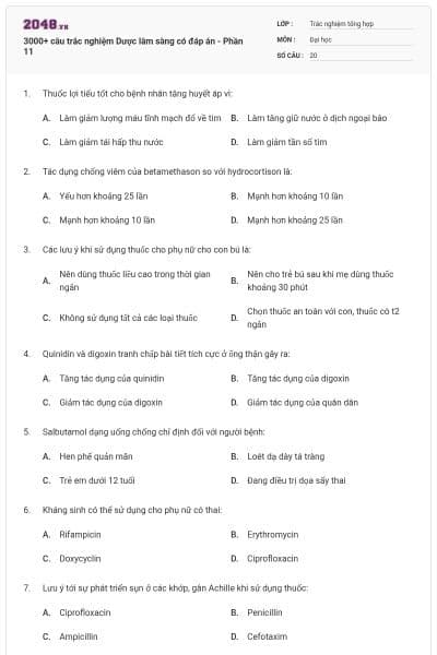 3000+ câu trắc nghiệm Dược lâm sàng có đáp án - Phần 11