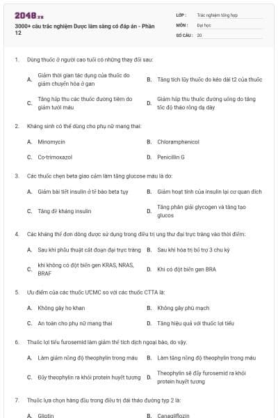 3000+ câu trắc nghiệm Dược lâm sàng có đáp án - Phần 12