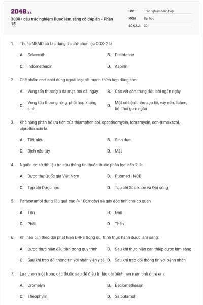3000+ câu trắc nghiệm Dược lâm sàng có đáp án - Phần 15