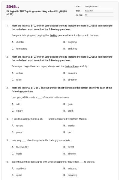 Đề luyện thi THPT quốc gia môn tiếng anh có lời giải (Đề số 10)