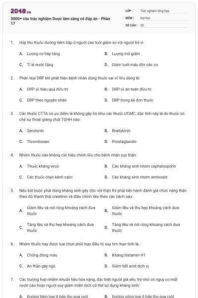 3000+ câu trắc nghiệm Dược lâm sàng có đáp án - Phần 17