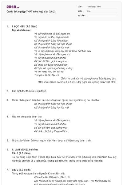 Ôn thi Tốt nghiệp THPT môn Ngữ Văn (Đề 2)