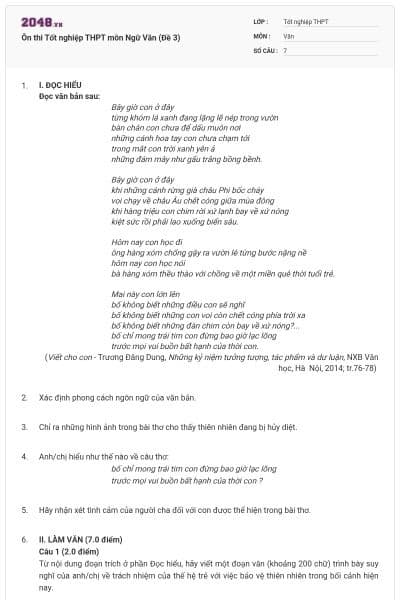 Ôn thi Tốt nghiệp THPT môn Ngữ Văn (Đề 3)