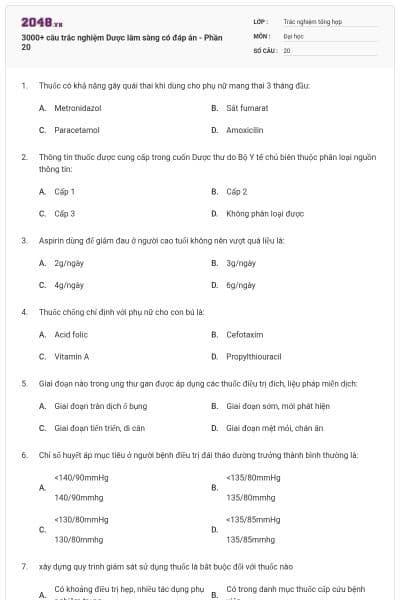 3000+ câu trắc nghiệm Dược lâm sàng có đáp án - Phần 20