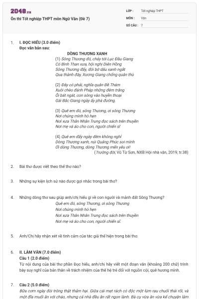 Ôn thi Tốt nghiệp THPT môn Ngữ Văn (Đề 7)