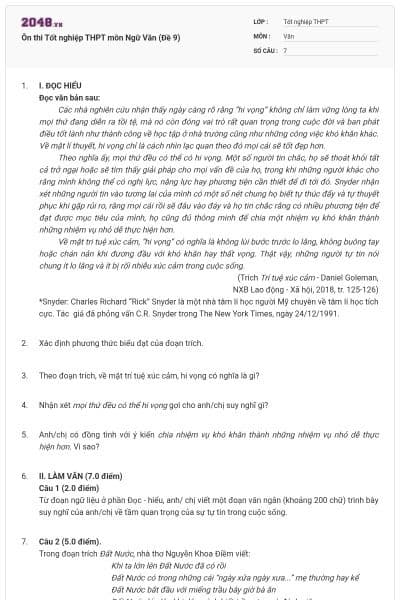 Ôn thi Tốt nghiệp THPT môn Ngữ Văn (Đề 9)