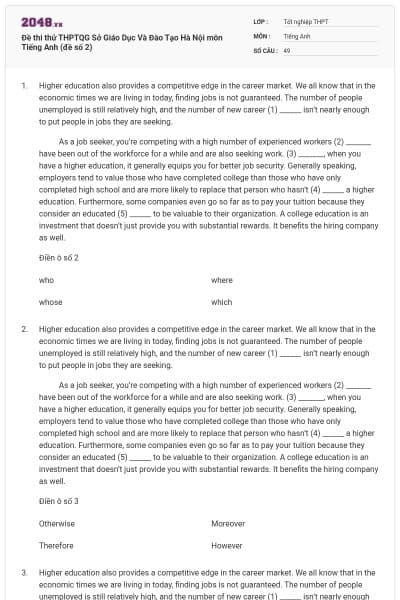 Đề thi thử THPTQG Sở Giáo Dục Và Đào Tạo Hà Nội môn Tiếng Anh (đề số 2)