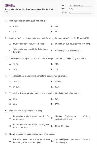 3000+ câu trắc nghiệm Dược lâm sàng có đáp án - Phần 26
