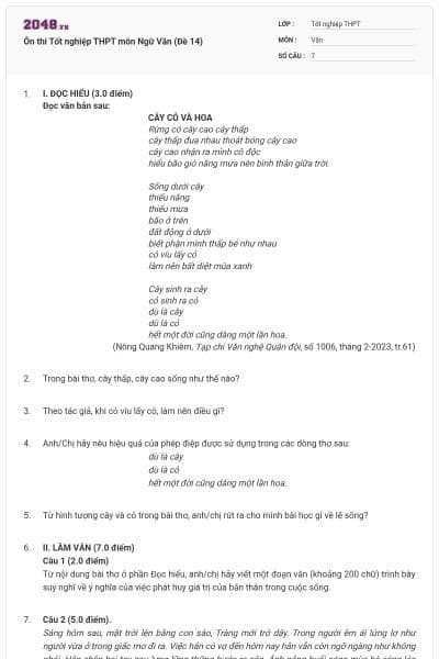 Ôn thi Tốt nghiệp THPT môn Ngữ Văn (Đề 14)