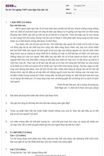 Ôn thi Tốt nghiệp THPT môn Ngữ Văn (Đề 16)