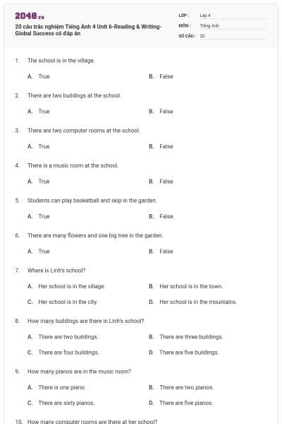 20 câu trắc nghiệm Tiếng Anh 4 Unit 6-Reading & Writing- Global Success có đáp án