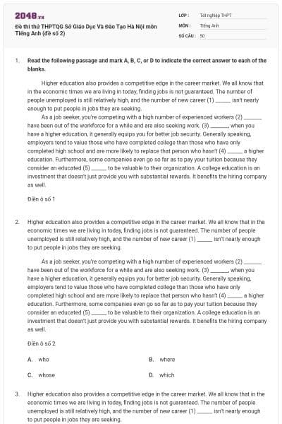 Đề thi thử THPTQG Sở Giáo Dục Và Đào Tạo Hà Nội môn Tiếng Anh (đề số 2)