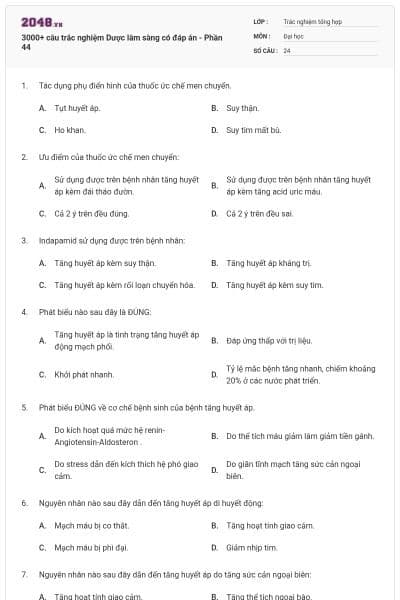 3000+ câu trắc nghiệm Dược lâm sàng có đáp án - Phần 44