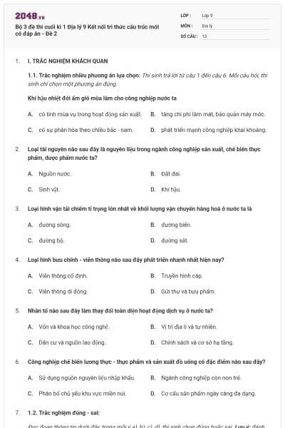 Bộ 3 đề thi cuối kì 1 Địa lý 9 Kết nối tri thức cấu trúc mới có đáp án - Đề 2