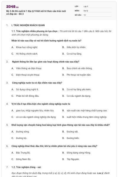 Bộ 3 đề thi cuối kì 1 Địa lý 9 Kết nối tri thức cấu trúc mới có đáp án - Đề 3