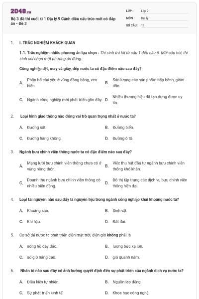 Bộ 3 đề thi cuối kì 1 Địa lý 9 Cánh diều cấu trúc mới có đáp án - Đề 3