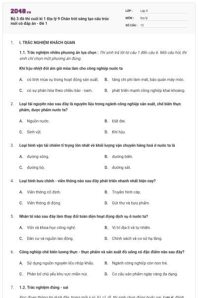Bộ 3 đề thi cuối kì 1 Địa lý 9 Chân trời sáng tạo cấu trúc mới có đáp án - Đề 1