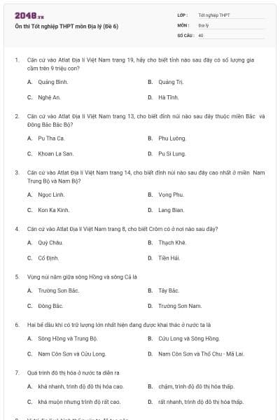 Ôn thi Tốt nghiệp THPT môn Địa lý (Đề 6)