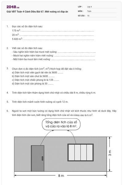 Giải VBT Toán 4 Cánh Diều Bài 67. Mét vuông có đáp án