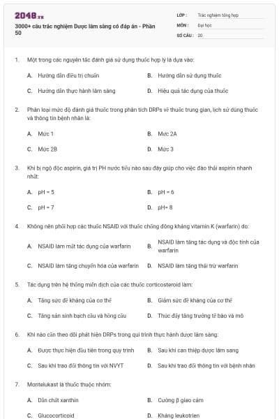 3000+ câu trắc nghiệm Dược lâm sàng có đáp án - Phần 50