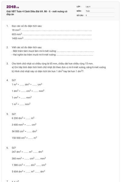 Giải VBT Toán 4 Cánh Diều Bài 69. Mi - li - mét vuông có đáp án