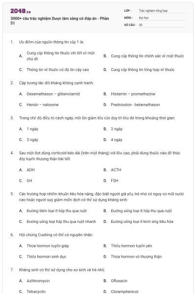 3000+ câu trắc nghiệm Dược lâm sàng có đáp án - Phần 51