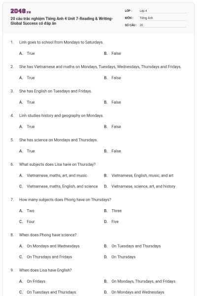20 câu trắc nghiệm Tiếng Anh 4 Unit 7-Reading & Writing- Global Success có đáp án