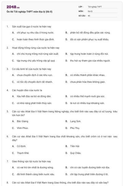 Ôn thi Tốt nghiệp THPT môn Địa lý (Đề 8)
