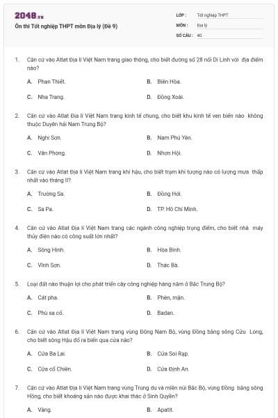 Ôn thi Tốt nghiệp THPT môn Địa lý (Đề 9)