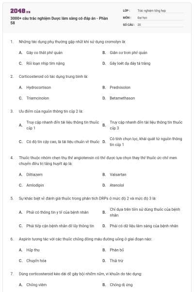 3000+ câu trắc nghiệm Dược lâm sàng có đáp án - Phần 58