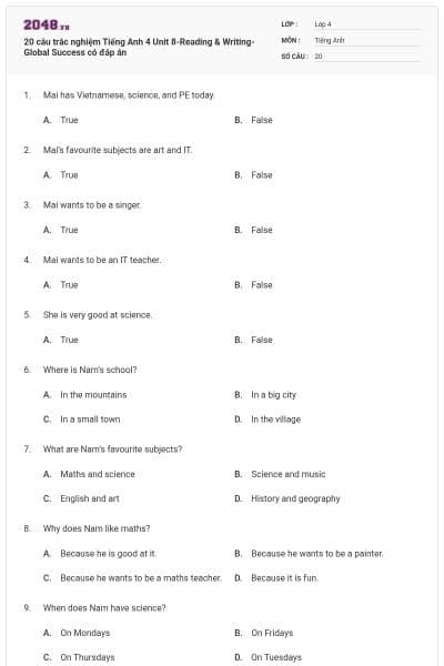 20 câu trắc nghiệm Tiếng Anh 4 Unit 8-Reading & Writing- Global Success có đáp án