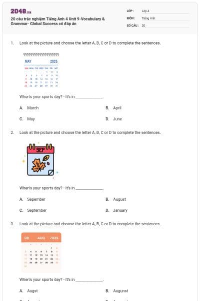 20 câu trắc nghiệm Tiếng Anh 4 Unit 9-Vocabulary & Grammar- Global Success có đáp án