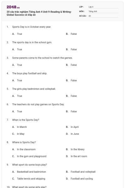 20 câu trắc nghiệm Tiếng Anh 4 Unit 9-Reading & Writing- Global Success có đáp án