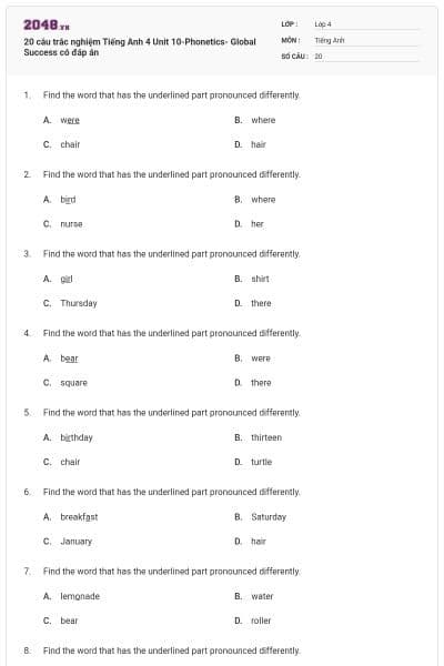 20 câu trắc nghiệm Tiếng Anh 4 Unit 10-Phonetics- Global Success có đáp án
