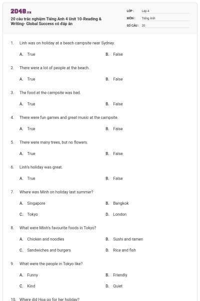 20 câu trắc nghiệm Tiếng Anh 4 Unit 10-Reading & Writing- Global Success có đáp án