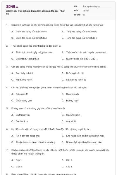 3000+ câu trắc nghiệm Dược lâm sàng có đáp án - Phần 61